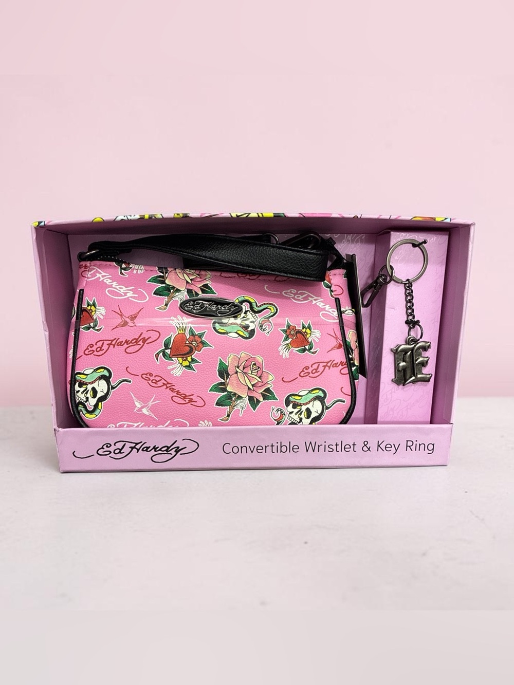 LOW START Ed Hardy Pink Floral Convertible Wristlet with Key Ring